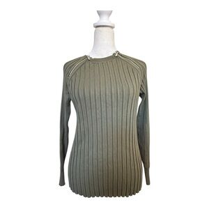 INC International Concepts Ribbed Olive Green Knit Top Zippers Medium
